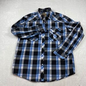 Coevals Club Men XL Blue Black Plaid Pearl Snap Western Cowboy Shirt Long Sleeve